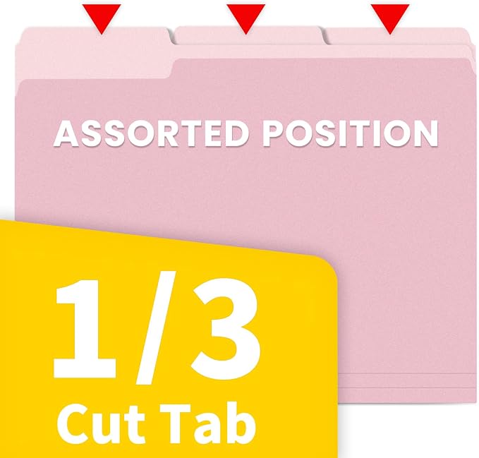 SUNEE File Folders Letter Size Pink, 100 Pack Manilla Folders 8.5 x 11 1/3-Cut Tabs, Colored File Folders Office Home School for Documents Files Paper