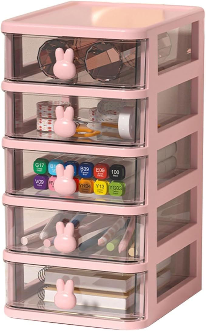 ZJchao Plastic Drawers Organizer Plastic Storage Drawer Desk Drawer Organizer Multi Tier Large Capacity Transparent with Bunny Handle for Office Supplies Books Pens (Pink, 5 Tier(13.4x17x26cm))