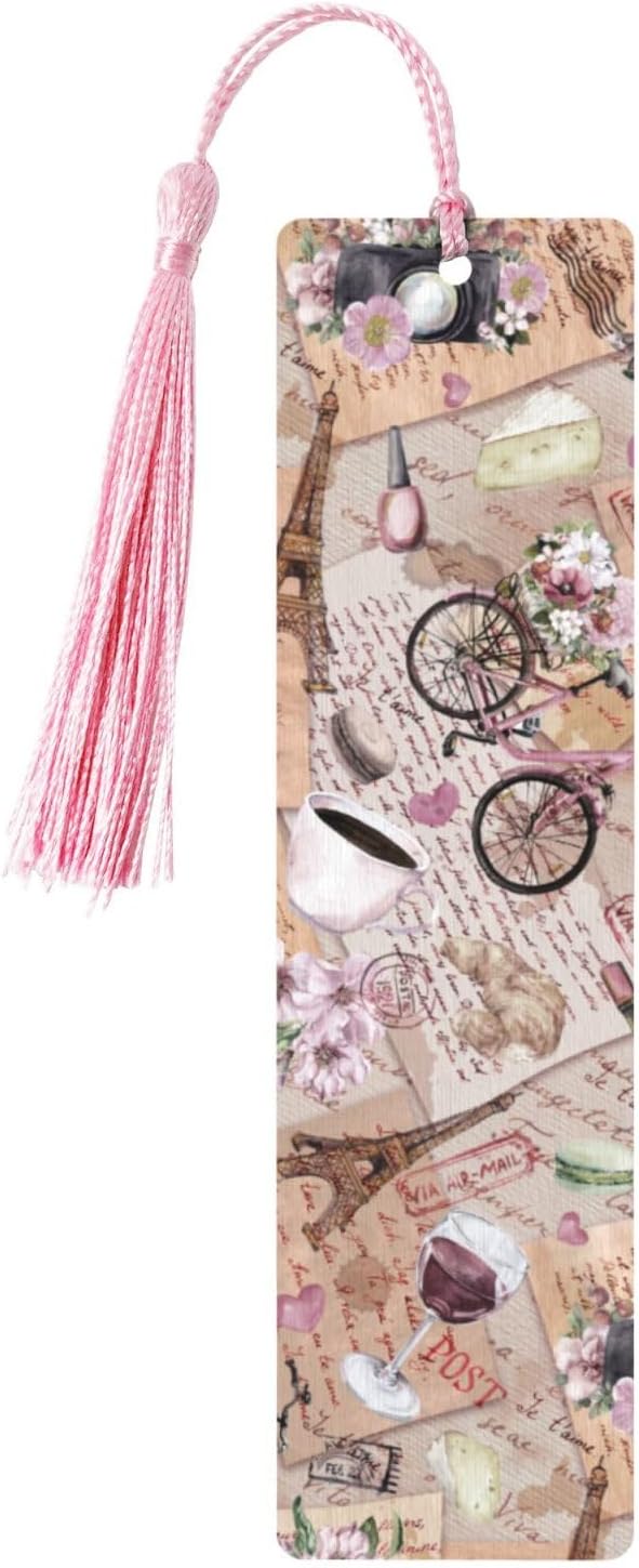 Paris Eiffel Tower 5pcs Wood Bookmarks with Tassel for Planner Reading Book Lovers Accessory Readers Men Women 4.6 X 1.2 Inch