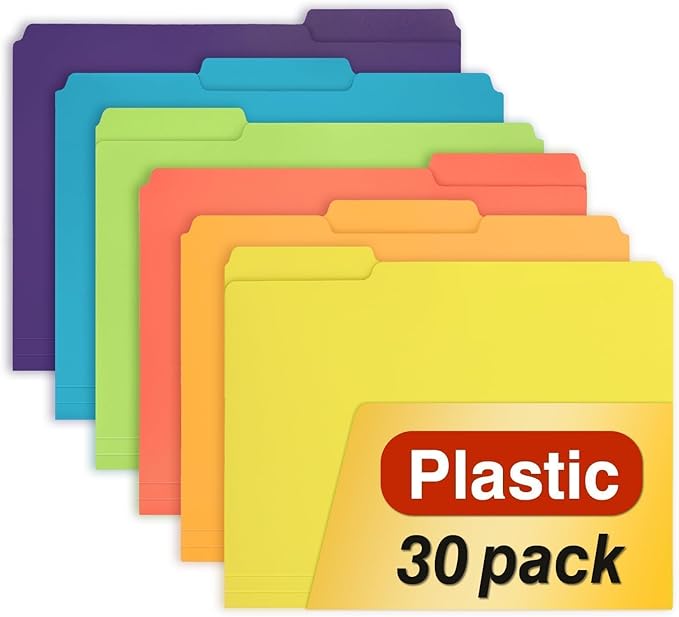 H4D 30 Pack Plastic File Folders Heavy Weight, Poly Colored File Folders 1/3-Cut Tabs with Sticky Labels, Letter Size, Assorted Colors