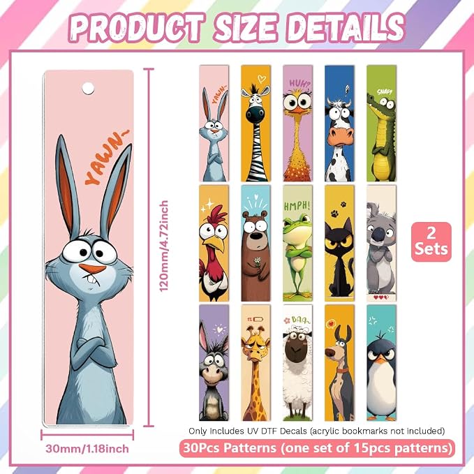 Peacoblue 30pcs UV DTF Bookmarks Transfer Stickers Wraps Interesting Animals for Women Men Reading, Waterproof Bookmarkers Decal(No Blank Bookmarks) for Acrylic Plastic Metal Blank Bookmark