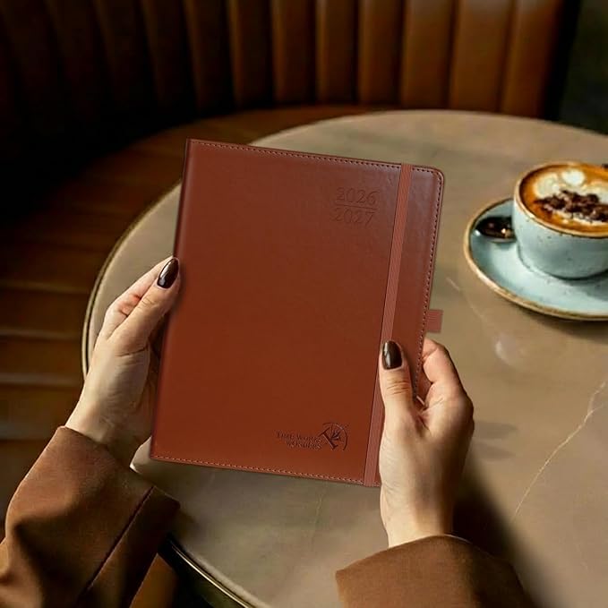 POPRUN 2026 Weekly Planner (Medium 7'' x 8.5''), 30-Minute Hourly Appointment Book (July 2026-June 2027) with Monthly Tabs, Inner-pocket, Pen Holder, PU Leather Softcover - Brown