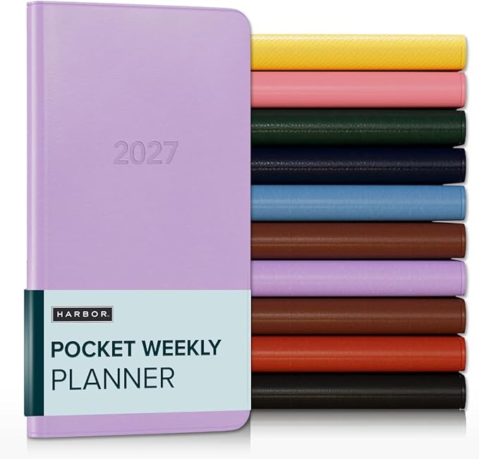 Harbor Pocket Weekly Monthly Planner 2027, Calendar Planner and Notebook, Durable Faux Leather, 192 Pages, Softcover & Book Bound - Cambridge Lavender - 6x3.25"