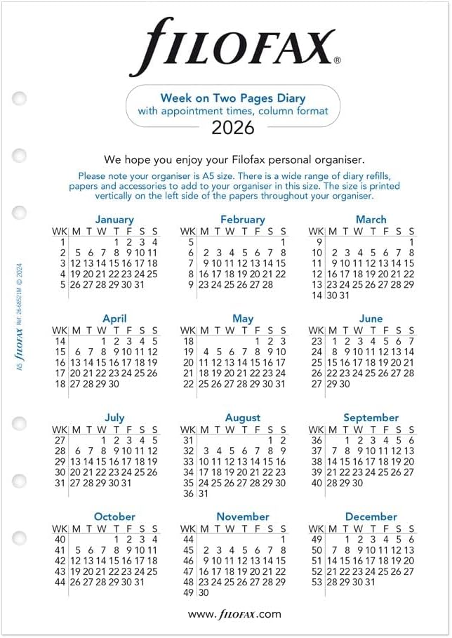 Filofax Calendar Diary Refill, A5 Size, Week-to-View with Appointments, Vertical, Multi-Fit, White Paper, English, 2026 (C68521M-26)