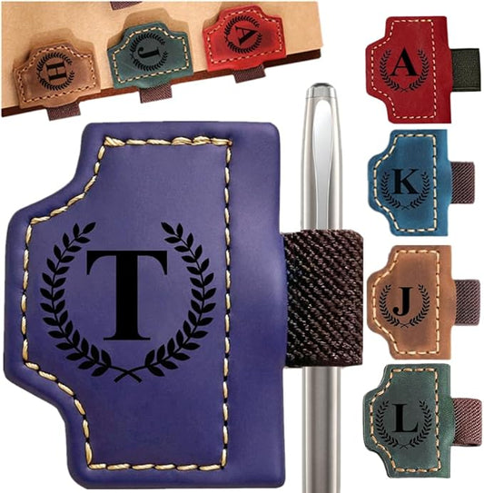 Custom Bookmark with Pen Holder with 26 Letters Personalized Magnetic Leather Book Mark, Customized Name Book Marker Clip with Initial for Men Women, Gifts for Book Lovers, Readers, (Purple, T)