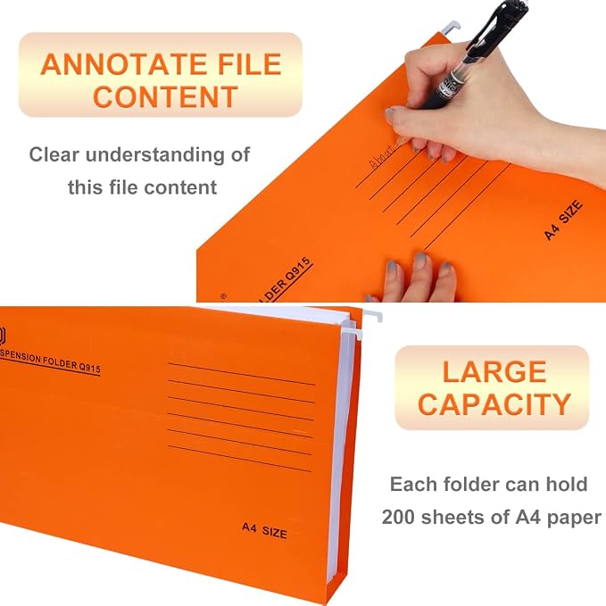A4 Hanging File Folders, 25 Pcs Recycled Card File Folders for Filing Cabinet with Tabs and Card Inserts, Hanging Files Storage Folders for Office and School, Orange