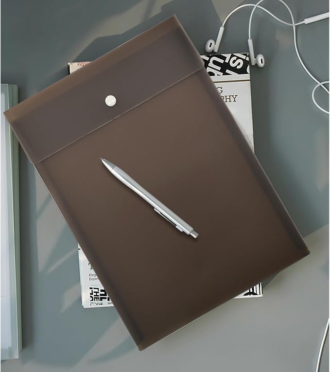 VANRA Vertical File Folders Poly Filing Envelope Plastic Project Folder with Snap Button Closure for A4 Letter Size Paper (Pack of 5, Brown)