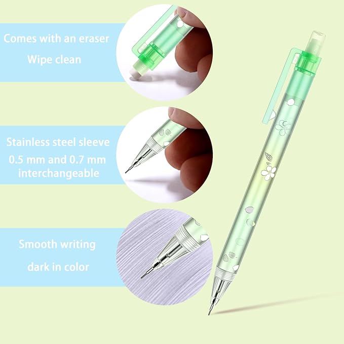 6Pcs Cute Green Cherry Blossom Mechanical Pencils 0.5mm&0.7mm Mechanical Pencil Kawaii Pencils School Pencil for Students Women Office School Suppies