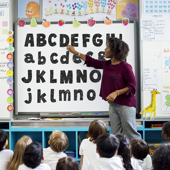 225Pcs Glitter Bulletin Board 4inch Letters with Adhesive Dots Punctuation Symbols Cutout for Classroom Numbers Alphabet School Display Decorating Supplies (Black)