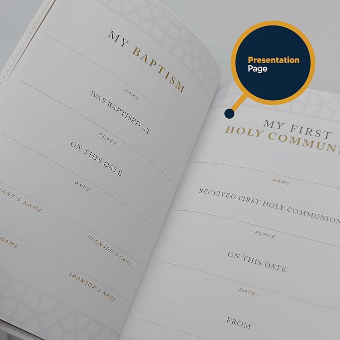 Custom NRSV Catholic Edition Faux Leather Holy Bible with Sacraments of Initiation | Medium Text | Engraved in Washed Gold | Personalized Catholic Bible in White