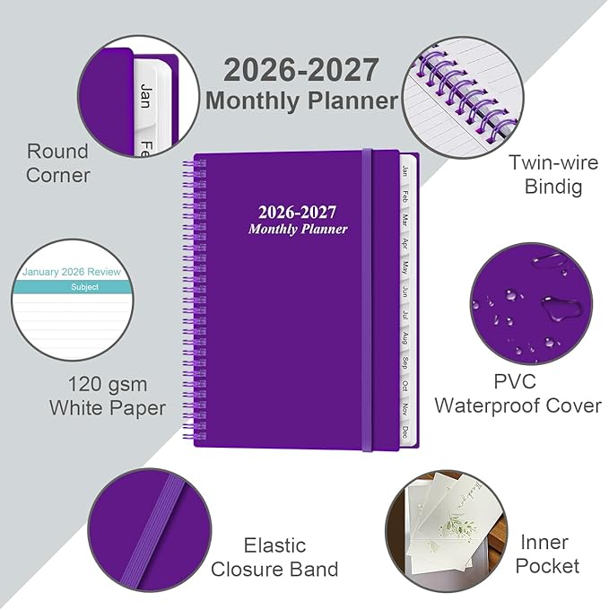 2026-2027 Monthly Planner - 15 Monthly Calendar, April 2026 - June 2027, Two Pages Per Month, 9" x11" Planner with Tabs, Strong Twin-Wire Binding, Inner Pocket, Purple