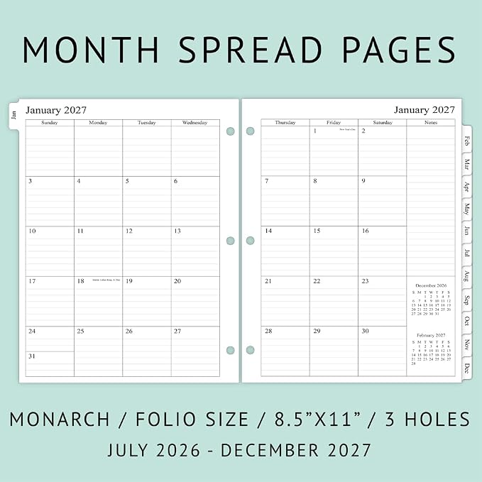 newestor 2026-2027 Monthly Planner Refill for 3 Ring Binder, Jul 2026 - Dec 2027, Two Pages Per Month, 8-1/2" x 11", Monarch/Folio Size 5
