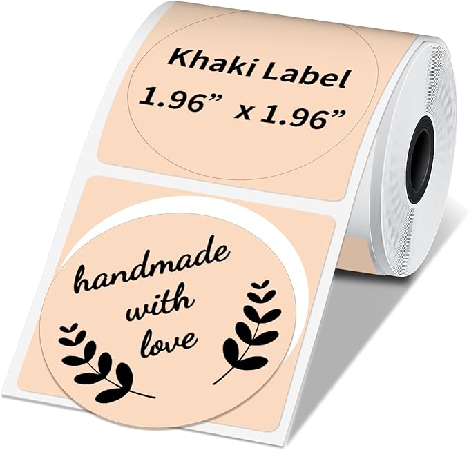 Phomemo Circle Label for M110/M110S/M120/M200/M220 Label Maker, 1.96" x 1.96"（50x50 mm） Round Thermal Labels for Barcode Labels, DIY Logo Design, Black on Khaki