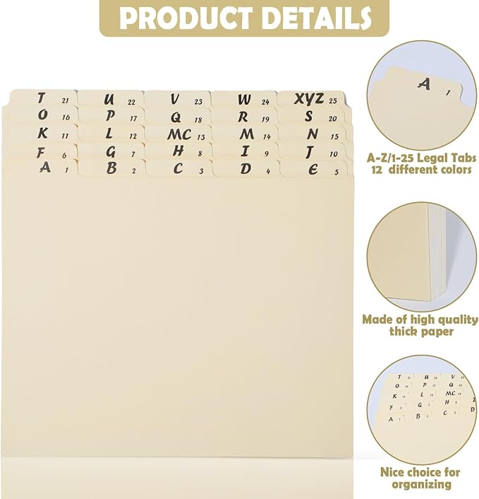1 Set 25 Alphabet File Dividers A-Z Top Tab File Guides Letter Size 1/5 Cut Tab Manila Alphabetical File Organizer File Cabinet Dividers for Work Office Home School and Desk Organizer (Beige)