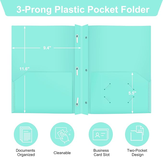 ViVin 12-Pack Pastel Color Folders - Durable Plastic Folders with 2 Pockets and 3-Prong Fasteners, Cute for School, Home and Office (Light Green)