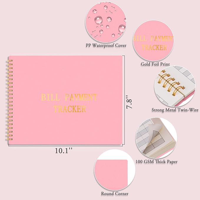 HAUTOCO Bill Tracker Notebook Monthly Bill Payment Tracker for Personal Budgeting Home Financial with 2 Storage Pocket, Payments Checklist Organizer Bill Planner 10.1 x 7.8'', Pink