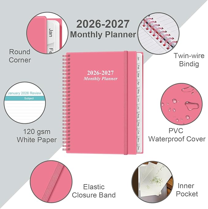2026-2027 Monthly Planner - 18 Monthly Calendar, January 2026 - June 2027, Two Pages Per Month, 9" x11" Planner with Tabs, Strong Twin-Wire Binding, Inner Pocket, Pink