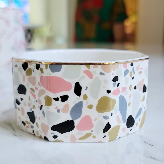 Ceramic Paper Clip Holder Gold Line Paper Clip Dispenser Organizer for Desk Cute Terrazzo Marble Pattern Office Binder Clip Holder Bobby Pin and Hair Clip Holder Gift for Office Pink