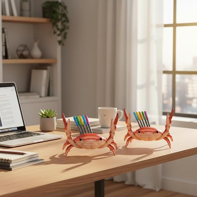 2PcsCreative Crab Pen Holder Weightlifting Crabs Pen Stand Storage Rack, Office Desktop Decoration, Pencil Holders Desk Supplies Holders and Dispensers, Desk Accessories and Workspace Organizers (Red)