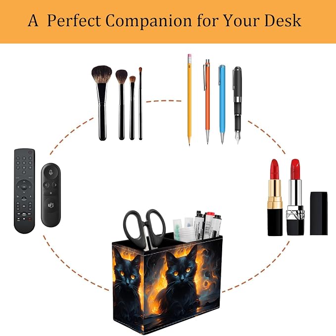 Pen Holder for Desk, PU Leather Multifunctional Desktop Storage Box and Anti-Slip Mouse Pad Set, Makeup Brush Holder Pen Organizer for Office and Home - Luminous Black Cat