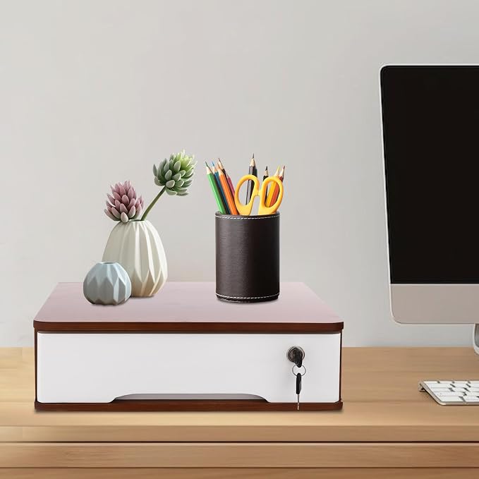 Wooden Desktop Storage Box with Lockable Drawers, Flat File Cabinet Drawer Desktop Storage Box, Countertop Storage Cabinet for Office Home Toiletries Supplies Vanity (walnut+white, 1 Drawer)
