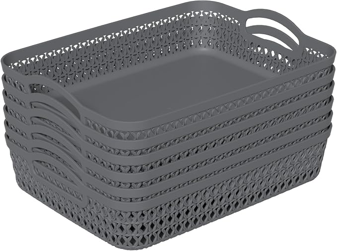 Kekow Plastic Storage Tray Basket with Handle, Set of 6, 13.22" x 10.23" x 2.95", Gray