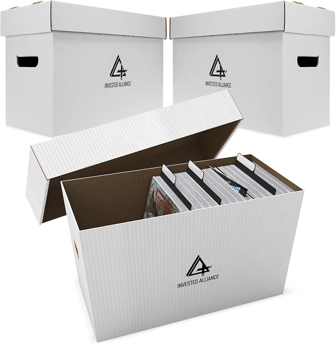 Invested Alliance Premium Short Comic Book Storage Box Organizer with Lid | Thick Cardboard Comic Storage Box For Collectibles Fits 150-175 Current/Silver Age, Heavy Duty & Stackable.