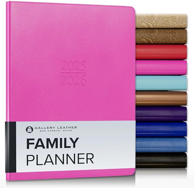 Gallery Leather Family Planner 2025-2026, for moms, Elegantly Bound Calendar Planner and Notebook with Stylish White Page Edges, 18 Months - Caribbean Fuchsia - 9 x 7 "