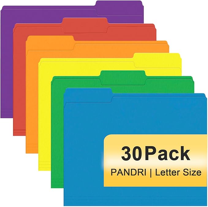 File Folder, PANDRI 30 Pack Colored File Folder, 1/3 Cut Tabs, Letter Size, Assorted 6 Colors Filing Folder for Office School Business