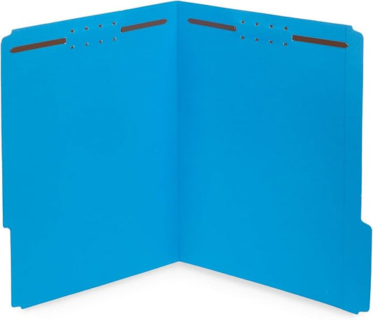 Blue Summit Supplies 50 Fastener File Folders - 1/3 Cut Reinforced Tab - Durable Blue Folders with Prongs- 2 Prong Design for Medical Files, Law Client Files, Office Reports - Letter Size