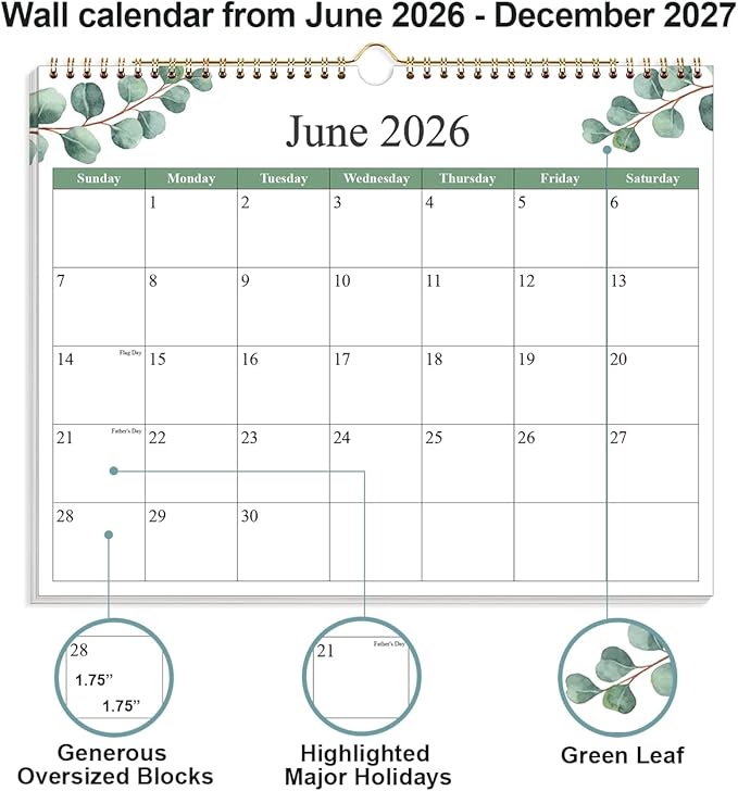 2026-2027 Calendar - Calendar 2026-2027 from June 2026 - December 2027, 19 Months Calendar with Premium Paper, Twin-Wire Binding & Hanging Hook, 12" x 14.5", Green Leaf