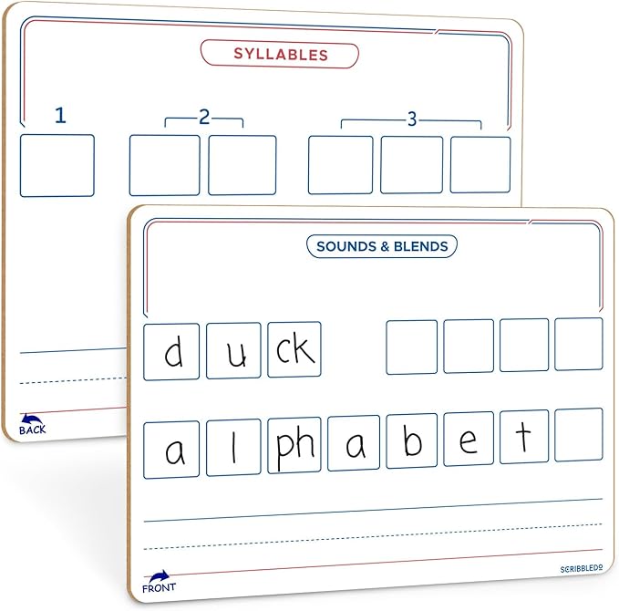 SCRIBBLEDO Elkonin Boxes Dry Erase Board 9x12 Inch Phonics Games Sounds and Blends Syllables Writing Practice Reusable Spelling Words Learn to Read and Write Homeschool & Classroom Supplies