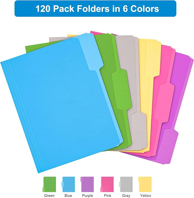 HABGP 120 Pcs Manilla Folders 8.5 x 11 Inch, 6 Colored File Folders Letter Size, 1/3-Cut Tab Paper Manila Filing Folders for School Business Office Documents Paper Files, Morandi 6 Color 120 Pcs