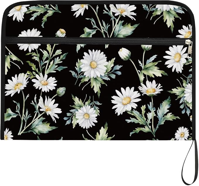 WEBEEDY 13 Pockets Daisy Expanding File Folder Dark Background Flower Expandable File Folder with Labels and Zipper, Portable Accordion Files Organizer for A4 Paper Document Photo Receipt Paperwork