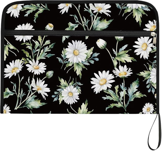 WEBEEDY 13 Pockets Daisy Expanding File Folder Dark Background Flower Expandable File Folder with Labels and Zipper, Portable Accordion Files Organizer for A4 Paper Document Photo Receipt Paperwork