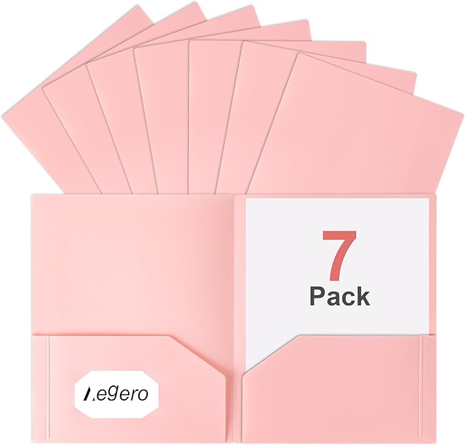 Aegero Plastic Folders with Pockets (7 Pack, Pink), Durable Heavy Duty File Folders with Business Card Slot, 2-Pocket Folder for Schoolwork & Office,Letter Size