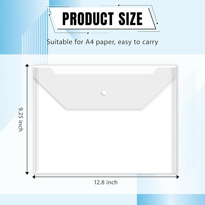 100 Pcs Clear Envelopes with Button Snap Closure, A4 Letter Size Plastic Envelope Folders for Documents Water-Resistant Envelope File Folder for Office Home Supplies