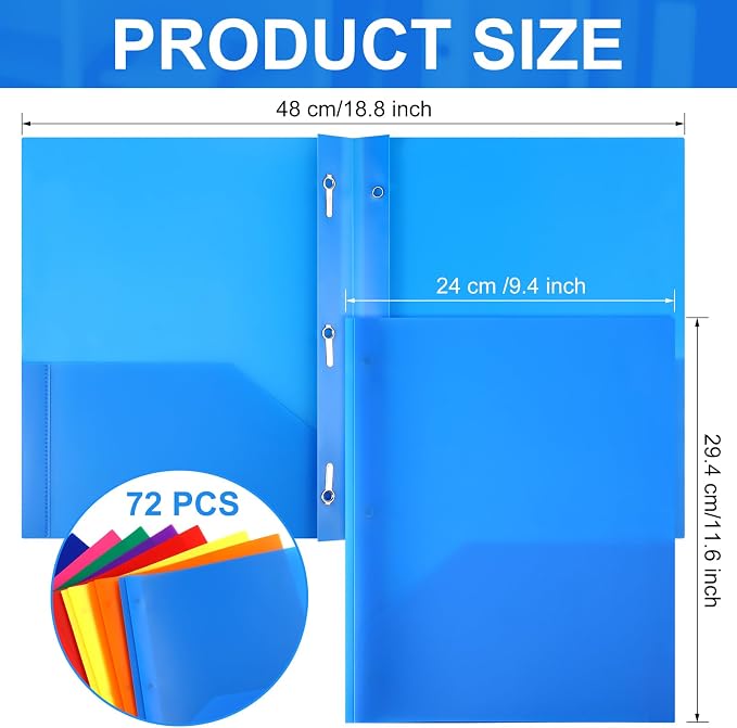 Cholemy 72 Packs Pocket Folders with Prongs Heavy Duty Plastic Folder with Business Card Slot 3 Prong Fasteners for School Office (Cute)