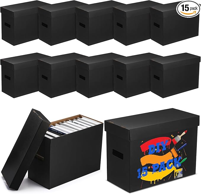 Fuyoooo 15 Pack Comic Book Storage Boxes, Holds 150-175 Comics, 15.4 x 7.5 x 11.4 Inch Stackable Comic Short Bin Organizer Cardboard Box for Collapsible Magazine Book Collecting Supplies(Black)