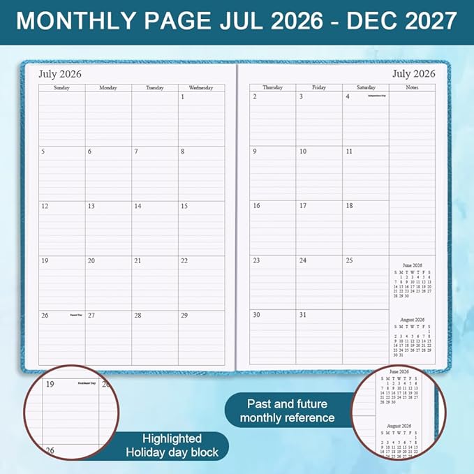 2026-2027 Planner - Weekly & Monthly Planner Runs from July 2026 to Dec 2027, 5.8" x 8.25", 18 Month Planners, 14 Notes Pages, Inner Pocket, PU Leather Hard Cover, Teal Monthly Planners 2026-2027