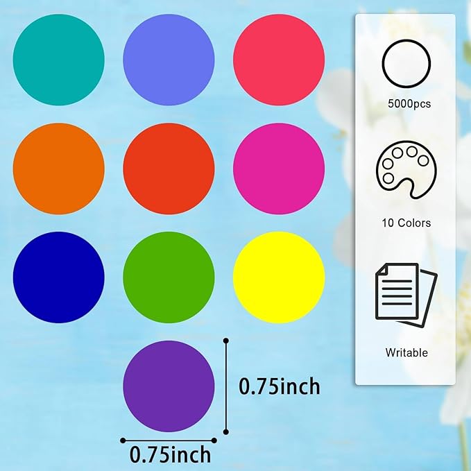 5000 PCS 3/4" Colored Dot Stickers Round Color Coding Labels Polka Circle Dot Label Sticker for Toddler, Office, Student, Classroom, Papers Etc(10 Rolls, 3/4 Inches)