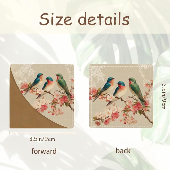 2PCS PU Leather Bookmarks 3.5x3.5 Inch Birds Cherry Blossom Design | PU leather bookmarks with birds cherry blossom design for novels, journals, planners, students, teachers and book lovers