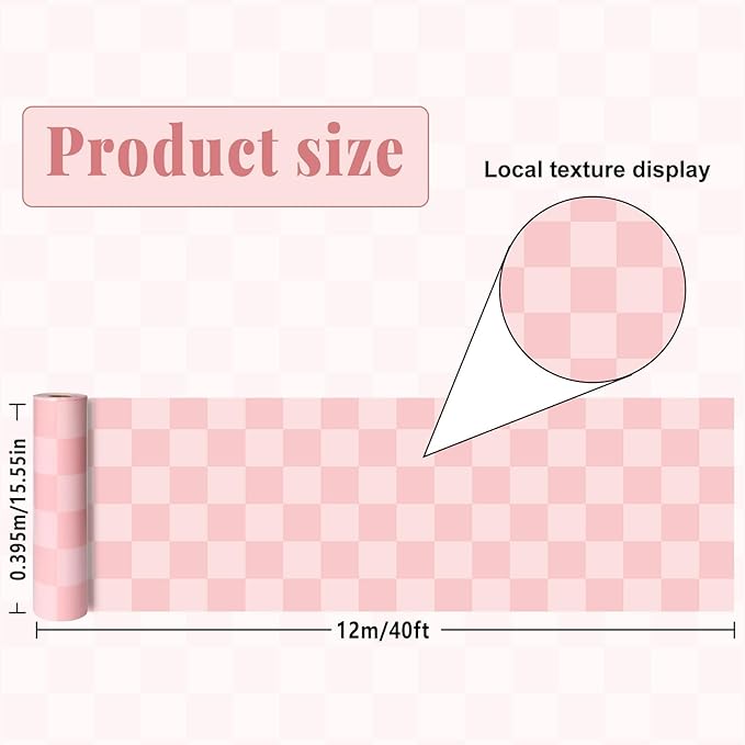 Pink Checked Bulletin Board Roll Pastel Pink Reusable Waterproof Erasable Bulletin Poster Non-Woven Fabric Bulletin Board for Mother's Day Classroom Decor Wrapping Paper Crafts 15.55in x 40ft
