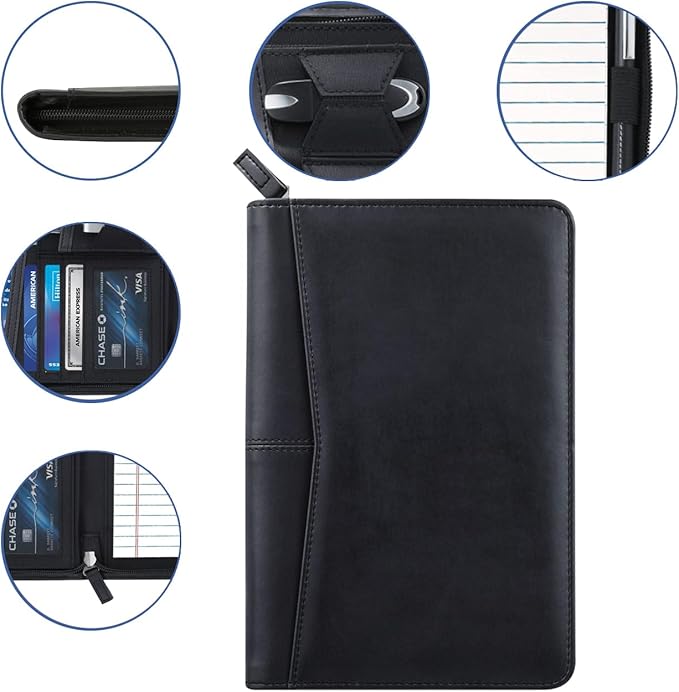 Small Portfolio Organizer, A5 Zippered Business Portfolio, Junior Padfolio Folder Binder for Women & Men, 5 x 8 Writing Pad Included, Black