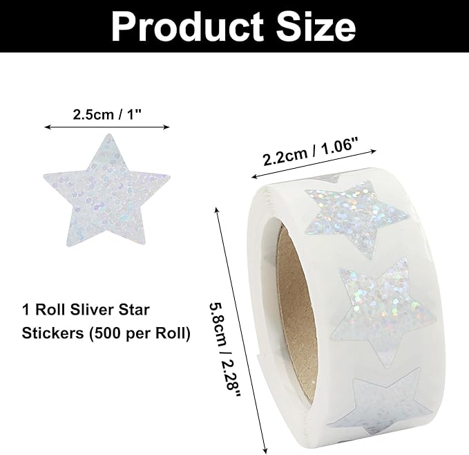 500 Pcs 1 Inch Sliver Star Stickers, Glitter Self Adhesive Star Labels for DIY Crafts Classroom Student Planner Teachers Supplies (1 Roll)