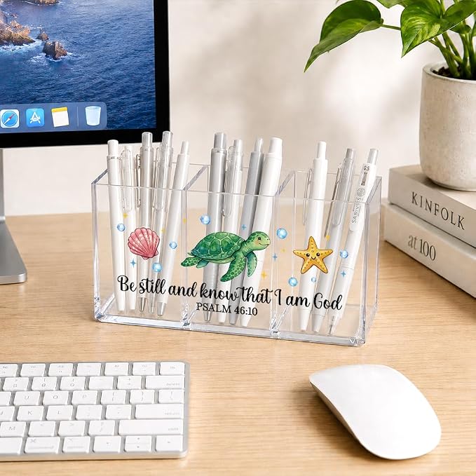 Sea Turtle Seashell Starfish Acrylic Pen Holder for Desk, Be Still And Know That I Am God Christian Bible Verse Desk Organizer for Office Home, Back to School Gifts Sea Turtle Gifts for Women
