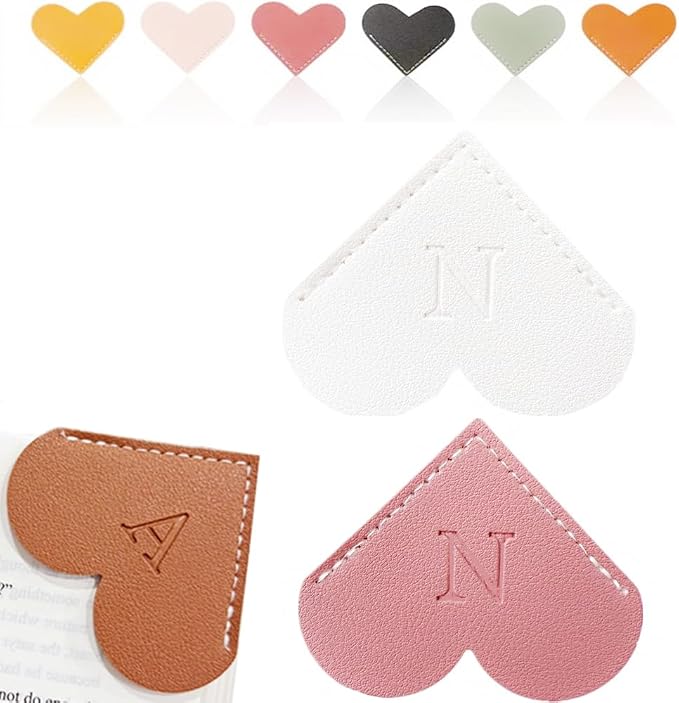 Personalized Leather Heart Bookmark, 26 Letters Customized Corner Book Mark for Reading Women, Book Marker with Initials，Cute Gifts (White+Deep Pink, N)