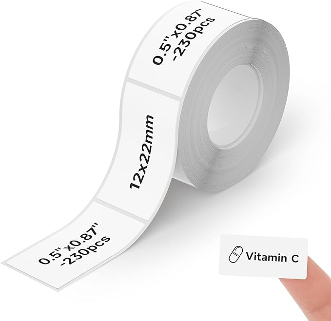 Thermal Labels DETONGER 1/2 Width Compatible Tape Refills Label Stickers Film Coatedfor Label Maker Tapes Home Office School Business Use Sticky Liquid-Proof 0.5"×0.9"(12×22mm) 230pcs White