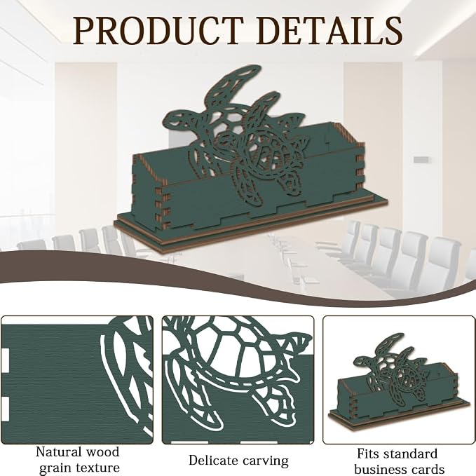2Pcs Sea Turtle Business Card Holder for Desk 4.5 x 1.6 x 3.5 Inch Business Card Display Stand Turtle Pattern Wooden Decorative Organizers for Office Desktop Home Tabletop Summer Decoration