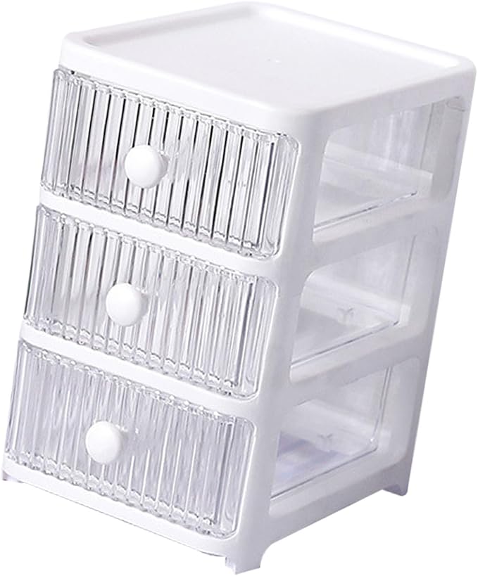 Desktop Storage Box, Transparent Plastic Stackable Desk Organizer with 4 Tier Drawers, Multi Layer Clear Drawer Organizer for Office Home Bedroom, Stationery Jewelry Cosmetics (3 Tier)